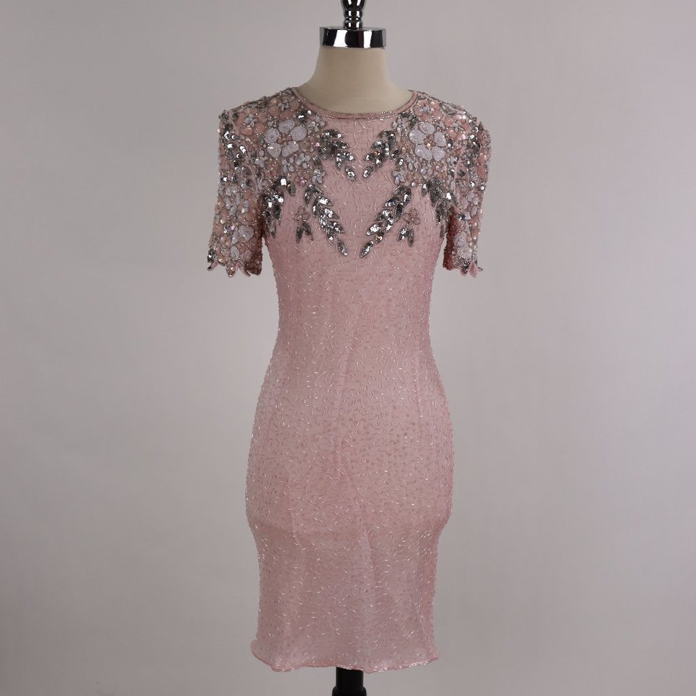 🌺 Vtg Stenay NWOT Pink Sequin Beaded Rhinestone Party Cocktail Wedding Dress S - Picture 2 of 13